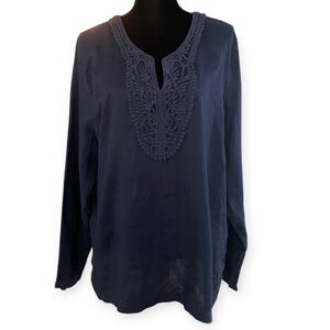 Long Tall Sally 100% Linen Navy Blue Popover Tunic Top Blouse long sleeve beach